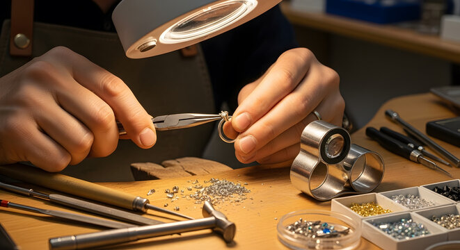 Professional jeweler meticulously crafting a ring with precious gemstones