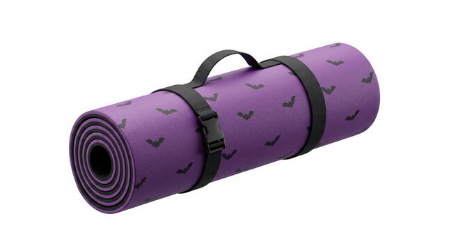 Purple yoga mat rolled up with black bat pattern print and carrying strap buckle for spooky halloween themed fitness and pilates workout.
