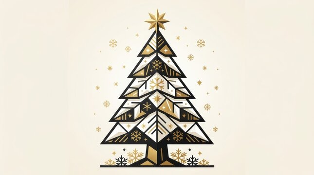 Minimalist christmas tree illustration with geometric patterns in black, white, and gold, featuring snowflakes and a star topper