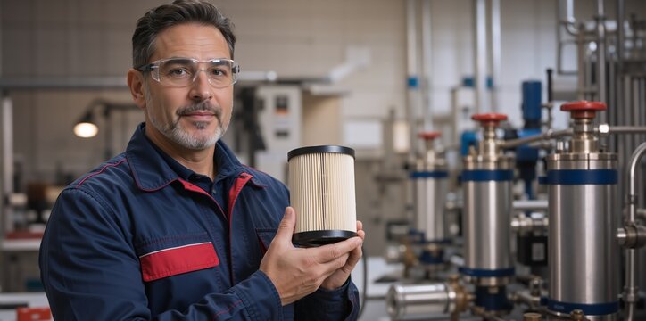 Male technician holding a cylindrical filter element. Professional engineer wearing safety glasses in an industrial laboratory