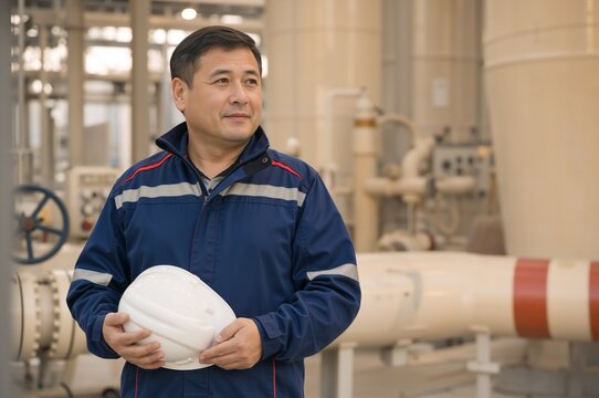 Asian male industrial worker holding a white hard hat. Portrait of a professional engineer in a blue uniform at a refinery plant