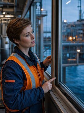 Female industrial operator looking out of a window at dusk. Woman in high visibility safety vest monitoring an offshore platform at twilight. Industrial control room concept