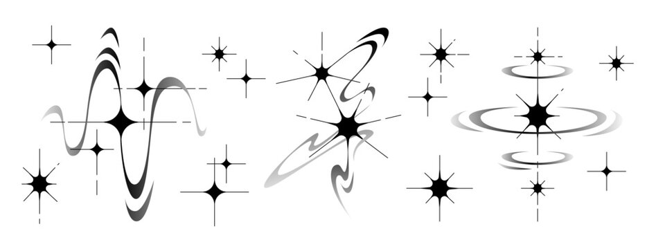 Y2K star icons with sparkling light rays isolated on white background. Vector illustration of retro sparkle bursts, glittering cosmic elements for tattoo designs, vintage space graphic projects