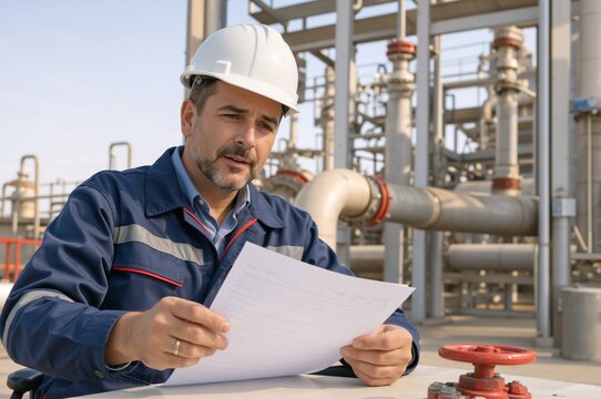 Male engineer in white hard hat reviewing documents at industrial plant. Professional technician inspecting refinery plans in blue uniform