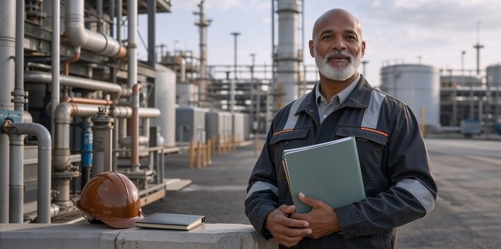 Senior African American engineer holding a folder at a refinery. Portrait of a mature male supervisor with a hard hat on a concrete ledge