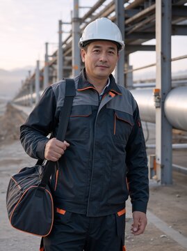 Vertical portrait of an Asian male pipeline worker with a duffel bag. Professional engineer in a grey and orange uniform wearing a white hard hat
