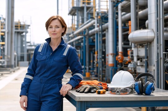 Female engineer in a blue jumpsuit standing by a workbench with safety gear. Portrait of a confident woman worker at an industrial plant