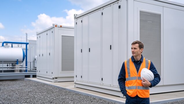 Male worker in orange safety vest holding hard hat at utility facility. Professional engineer standing by modular power container units