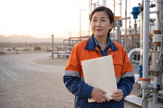 Mature Asian female industrial inspector holding a folder at a refinery. Professional woman engineer in high-visibility jacket standing by pipelines