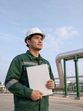 Vertical portrait of young Asian engineer in green uniform at industrial plant. Confident male worker holding notebook by pipelines