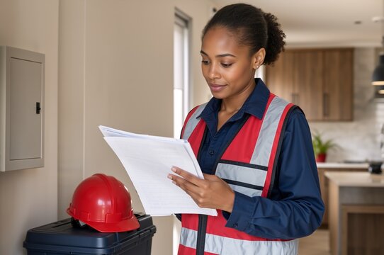 Female inspector in reflective vest reviewing documents indoors. African American woman contractor checking plans with red hard hat nearby