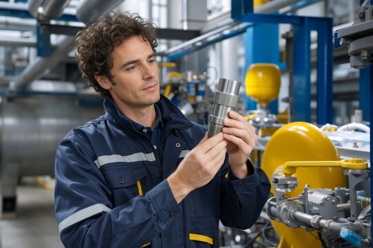 Male technician inspecting machined metal component in factory. Quality control worker examining precision part in industrial plant