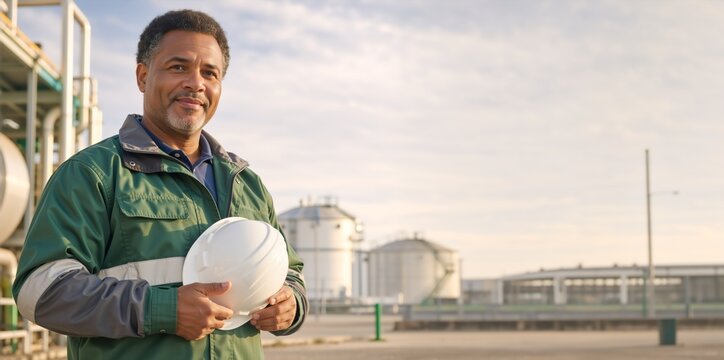 Portrait of a smiling Black male industrial engineer holding a white hard hat. Professional worker standing at a refinery plant with storage tanks in the background