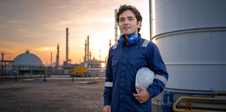 Smiling male industrial worker holding a hard hat at sunset. Professional engineer in blue jumpsuit with ear defenders standing at a refinery plant