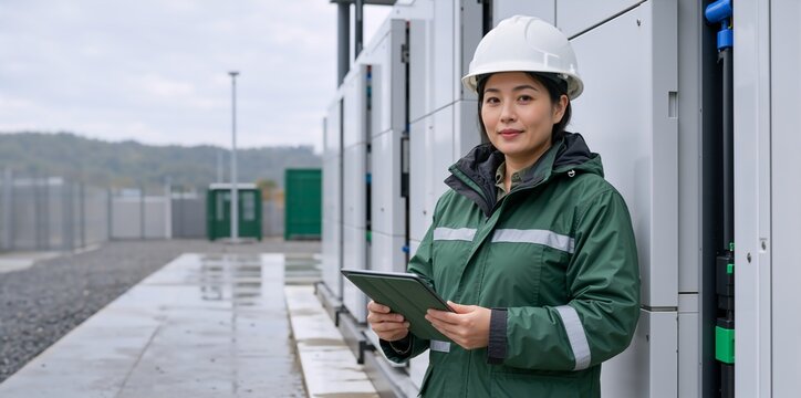 Portrait of a smiling Asian female engineer holding a digital tablet. Professional woman worker in a green jacket and white hard hat at an industrial utility facility