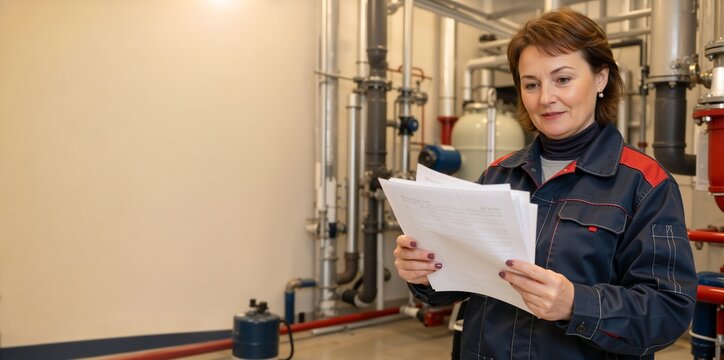 Female technician reviewing documents in an industrial utility room. Woman engineer in uniform checking reports in a boiler room with pipes and valves