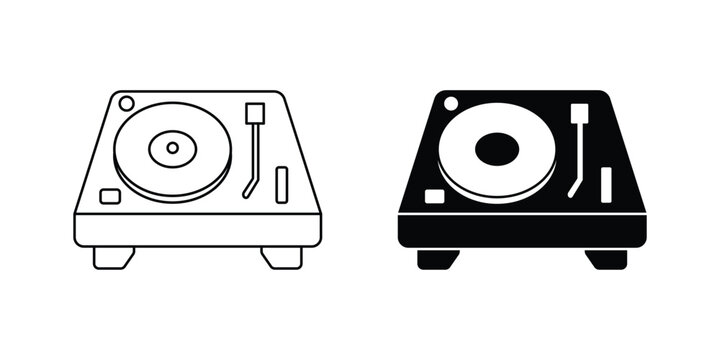 Vintage Record Player Turntable Icon Set, Vinyl Disc Music Audio Equipment Outline Silhouette Vector Collection.