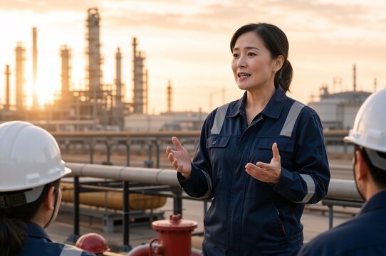 Asian female engineer speaking to colleagues at an oil refinery. Industrial worker gesturing and discussing project at chemical plant during sunset