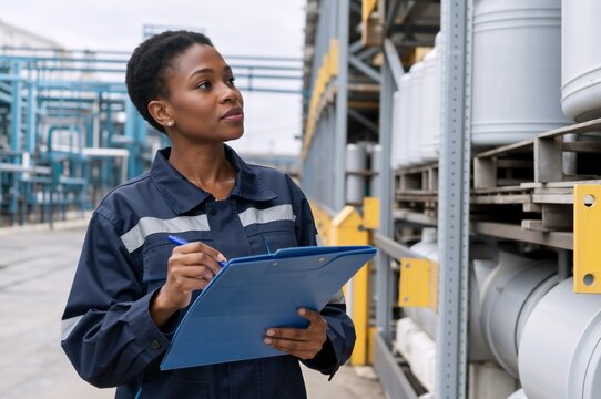 Black female inspector with clipboard checking inventory in outdoor industrial yard. Woman worker in uniform examining chemical storage drums on racks
