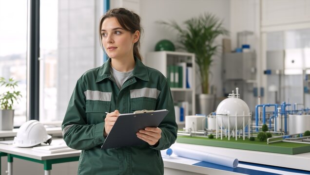 Female engineer with clipboard standing near an industrial scale model. Young woman architect planning project in office. Infrastructure design concept