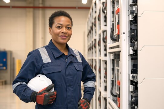 Smiling Black female electrical engineer holding hard hat in power plant. Woman technician in uniform standing by control panels in data center