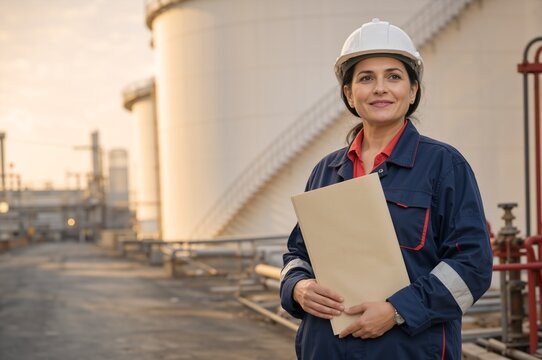 Smiling female engineer holding folder at industrial plant. Professional woman worker in hard hat and jumpsuit standing near storage tanks