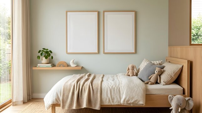 Cozy bedroom interior with two blank framed posters and a comfortable bed arrangement