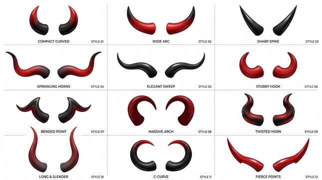 Devil Horns Design Sheet with Various Styles, Compact Curved, Wide Arc, and Sharp Spikes
