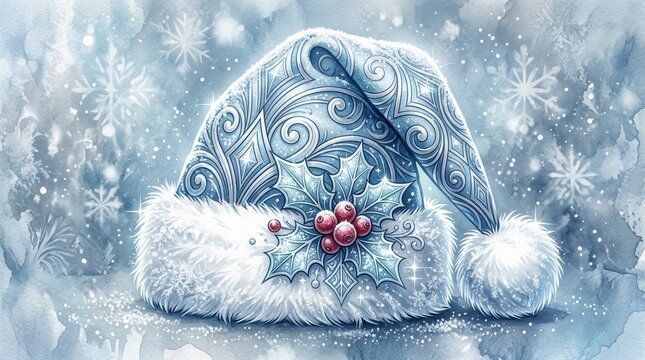 Snowy winter christmas santa claus hat with blue filigree pattern and holly berries in watercolor style background
