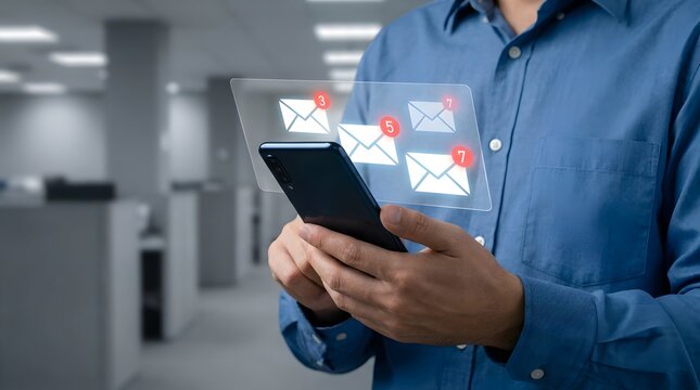 Man holding smartphone with floating email notifications and red alert badges in office setting