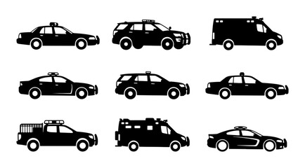 Police Car Icons, Law Enforcement Vehicles, Emergency Service Fleet, Vector Set © Anik