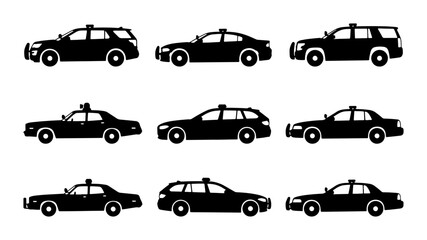 Police Car Icons Set, Law Enforcement Vehicle Silhouettes, Black and White Patrol Car Vector Graphics © Anik