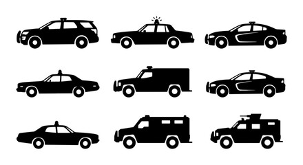 Police Car Icons, Law Enforcement Vehicles Set, Security Patrol Cars, Black Vector Silhouettes © Anik