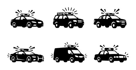 Police Car Icons Set, Emergency Vehicle Graphics, Law Enforcement Vector Collection © Anik