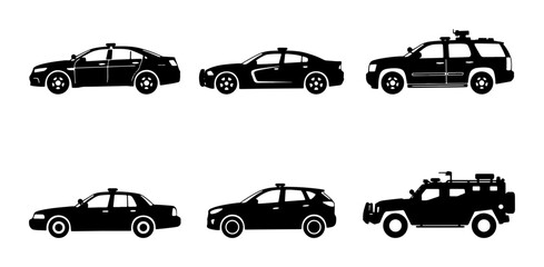 Police Car Icons, Law Enforcement Vehicles, Security Transport Set, Black Silhouette Collection © Anik