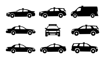 Police Car Icons, Law Enforcement Vehicle Silhouettes, Emergency Service Transport Vector Set © Anik
