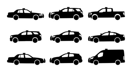 Police Car Icons Set, Law Enforcement Vehicle Silhouettes, Black and White Vector Graphics for Security and Justice © Anik
