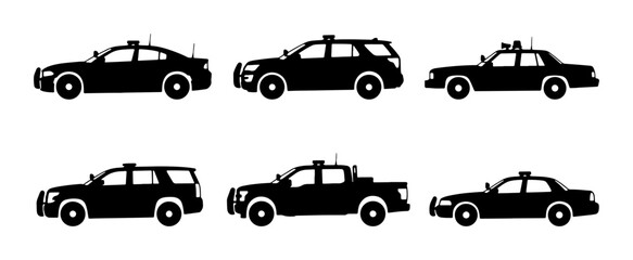 Police Car Icons Set, Law Enforcement Vehicles, Patrol Cars, Black Silhouette Collection © Anik