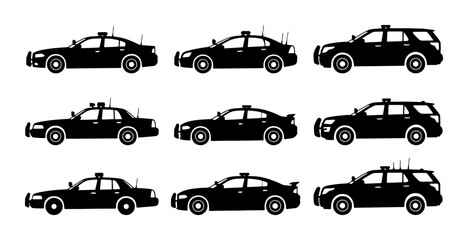 Police Car Icons, Law Enforcement Vehicle Silhouettes, Black Sedan and Wagon Vector Set © Anik
