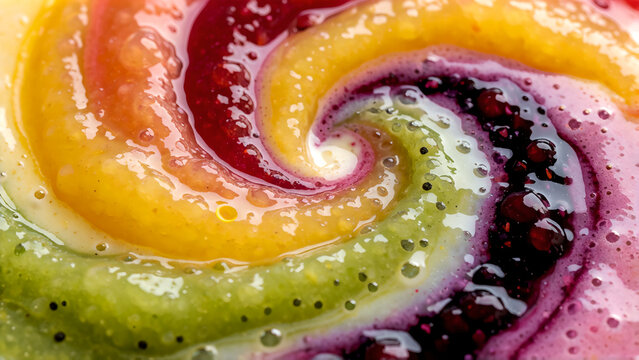 Close up abstract view of colorful fruit smoothie swirl texture.