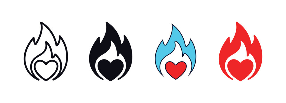 Flaming heart icon illustration set featuring burning heart symbols in minimalist line art, bold colorful vector styles, romantic themes, and expressive graphics.