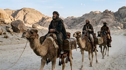 Fototapeta premium A cinematic close-up of the Three Kings mounted on camels traveling through a cool desert morning, their symbolic treasures protected inside traditional wooden and woven containers, sparse frost-like 