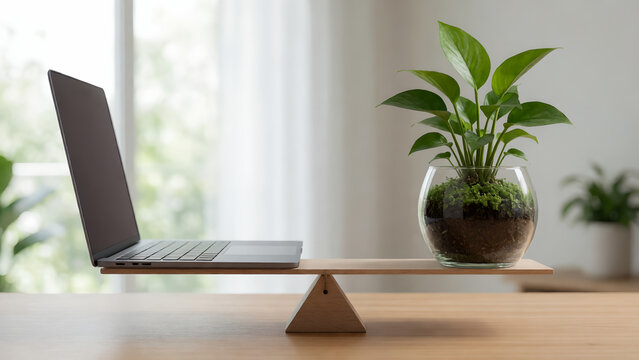 A laptop and a small houseplant balanced on a wooden seesaw scale.