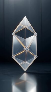 Sophisticated 3D crystalline geometric assembly of interlocking translucent facets and precision-engineered nodes captured at the exact peak of intricate structure in an infinite polished void of soft