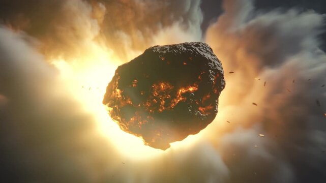 Intense meteor impact illuminating storm clouds with fiery fragments and shockwave. Dramatic celestial burst above turbulent skies casting glowing debris and billowing smoke around