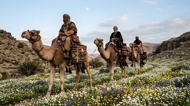 A cinematic close-up of the Three Kings mounted on camels as a large desert moon rises behind distant hills, their symbolic treasures resting within traditional containers secured to the saddles, a qu
