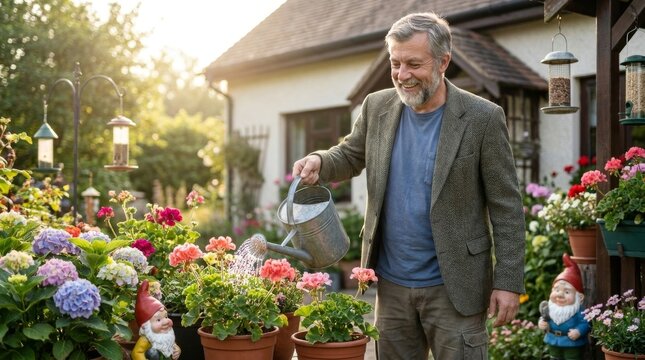 Peaceful Retirement: Kind Senior Man Watering Morning Garden