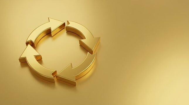 3D Golden Recycle Icon Symbol: Four Golden Rotation Arrows on Golden Background arrow 3d golden recycle icon symbol 3d four golden rotation arrows on golden background 3d recycle icon symbol recycle