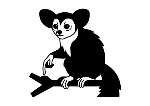 A simple black and white vector illustration of an aye aye lemur sitting on a tree branch