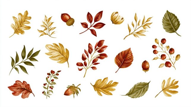 watercolor fall autumn leaves acorns berries set isolated white background hand painted seasonal flora elements botanical collection Thanksgiving October graphics design clip art pack